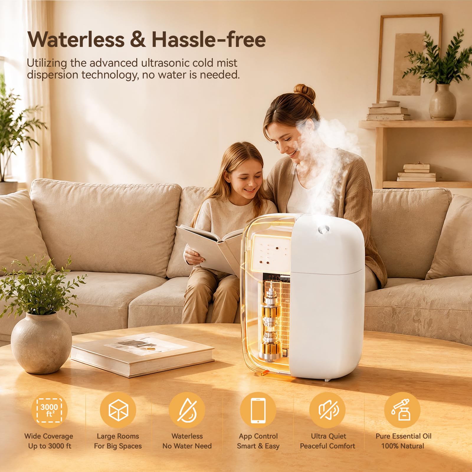Diffusore di oli essenziali senz'acqua con controllo tramite app Bluetooth, macchina intelligente per profumo, copre fino a 3000 mq per casa, hotel e spa, diffusore silenzioso per aromaterapia