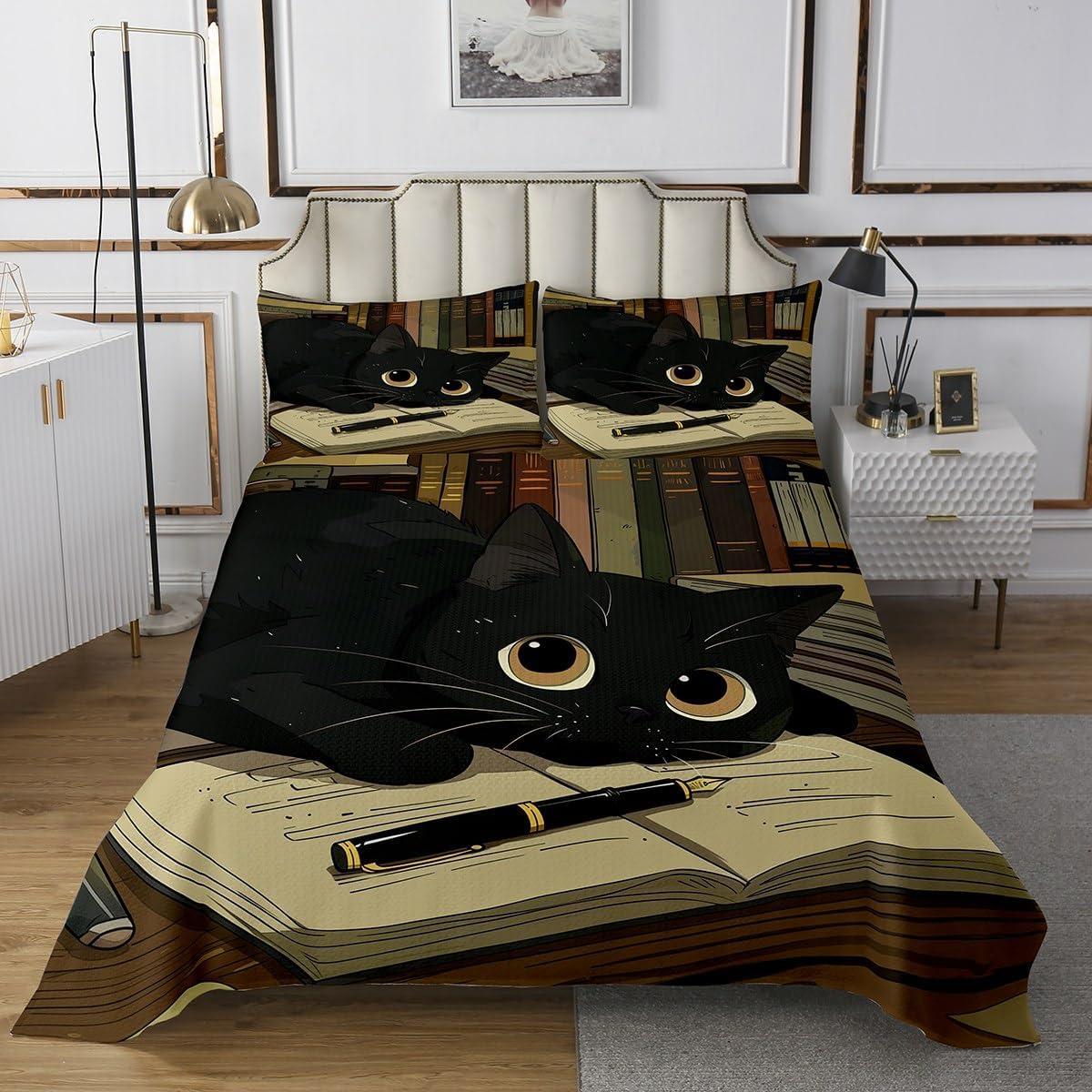 Erosebridal Cartoon Little Cat Quilt Set Queen Cute Anime Animal Bedspread Pink Dreamy Cherry Blossom Coverlet Set for Kids Adults,Japanese Style Kawaii Kitten Bedding Quilted