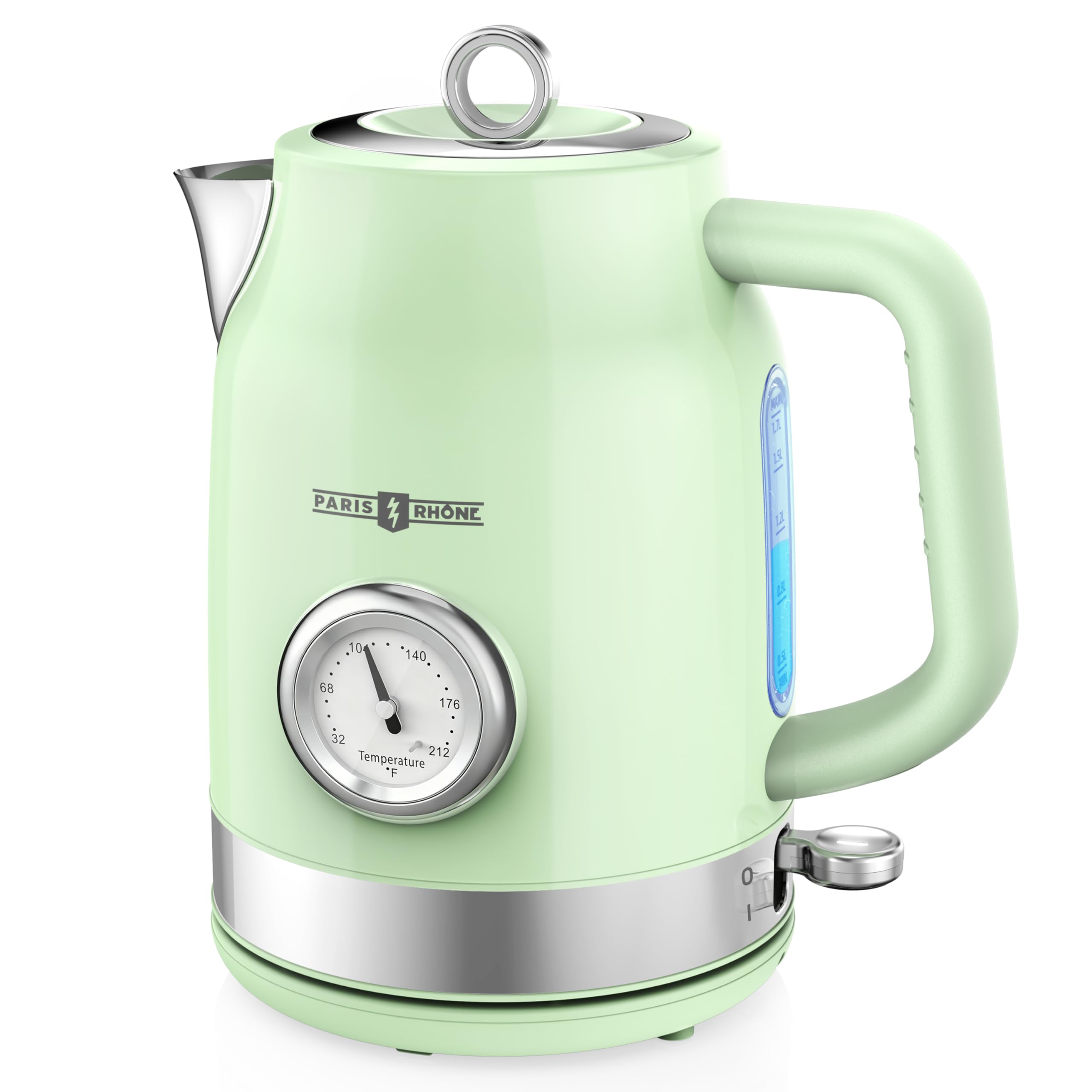 Retro Electric Kettle, PARIS RHÔNE 1.7L Hot Tea Kettle with Thermometer, 1500W Fast Heating, Cordless Design, LED Indicator, Auto Shut-Off & Boil Dry Protection