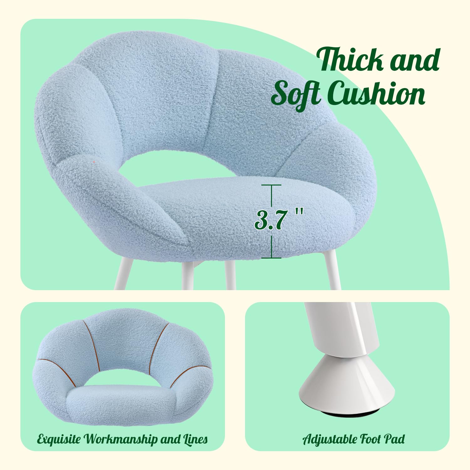 Sedia da toeletta in tessuto Teddy, poltrona relax a forma di fiore, gambe bianche, poltrona con imbottitura di lusso per soggiorno, camera da letto, balcone, studio (azzurro)