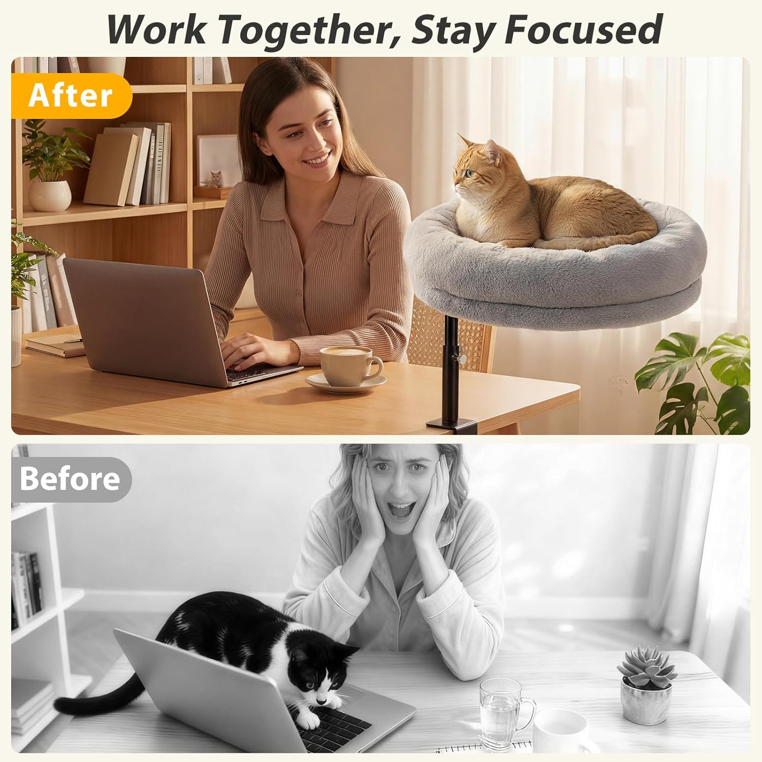 Sunhoo Cat Desk Bed 360° Rotating Height Adjustable Desktop Mount Hammock Kitten Perch Easy Setup Kitty Nest Table Clamp-on Attachment for Indoor Cats Washable 17" Diameter Hold Up to 40lbs（Grey）