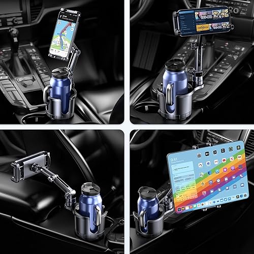 Miniatura 8 de Portavasos para teléfono y tableta, soporte 2 en 1 para portavasos de automóvil con expansor, brazo largo ajustable para automóvil, rotación de 360,