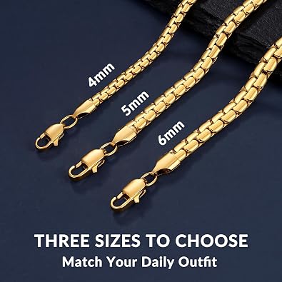 Jewlpire 4mm/5mm/6mm Silver/18K Gold Plated Flat Link Chain Necklace for Men, Stainless Steel Chain for Men, Hypoallergenic Men's Chain Necklaces 16 18 20 22 24 26 Inch