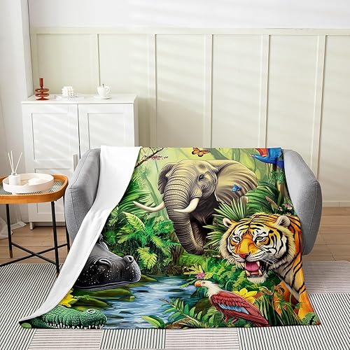 Miniatura 2 de Manta de animales de la selva, tamaño individual de 60 x 80 pulgadas, manta de cocodrilo, hipopótamo, elefante, tigre para niños y niñas, manta de