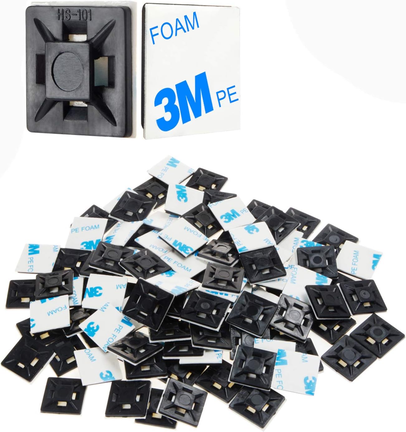 XHF 100 PCS 1.1" Black Self Adhesive Cable Zip Tie Mounts Wire Cable Clips Holders Management Anchors Organizer Holders Squares(HS-102)