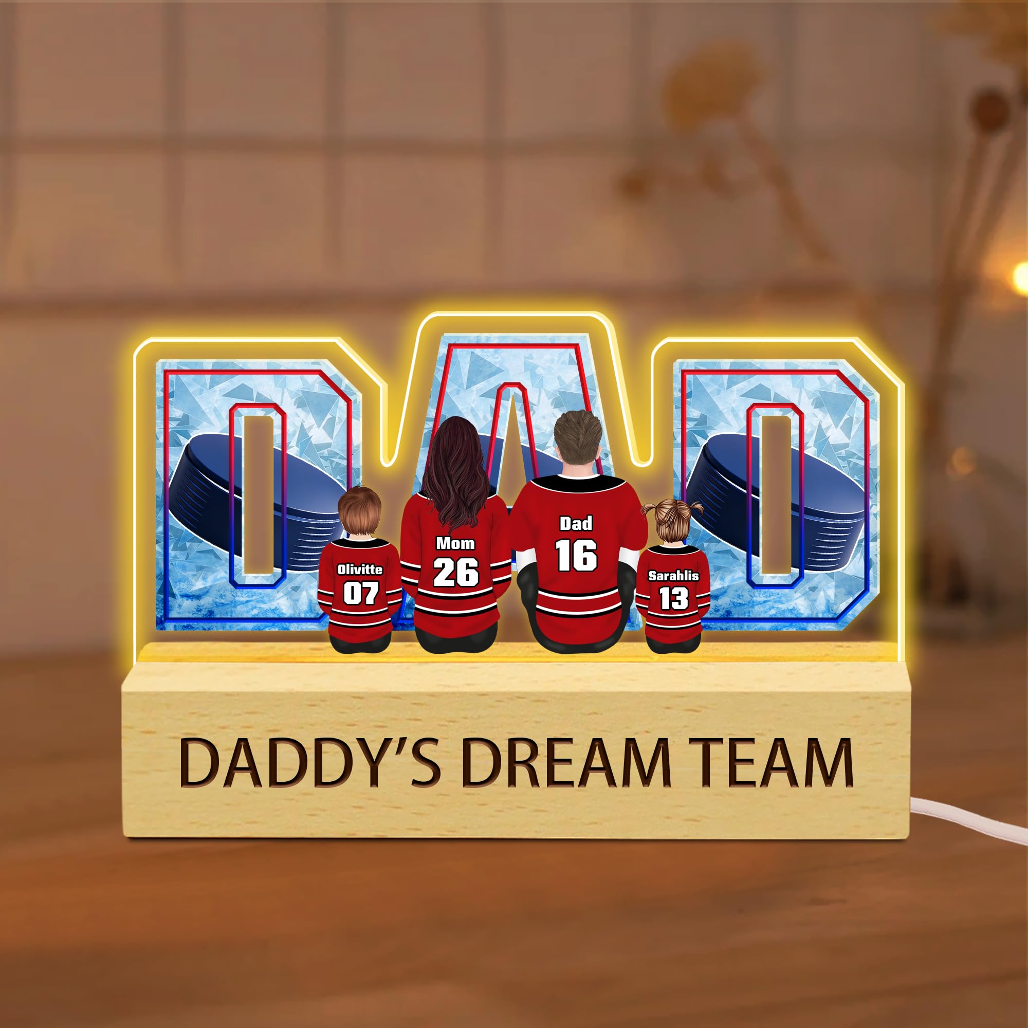 Daddy's Dream Team Personalized Hockey Acrylic Led Night Light, Custom Ice Hockey Dad Acrylic Plaque Light with Family Names, Father's Day Birthday Decor Gifts for Papa Dad Husband (Style 06)