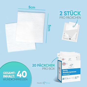 Health Press Sterile Dressings 5 x 5 cm 40 Wound Dressings (20 x 2 Pieces