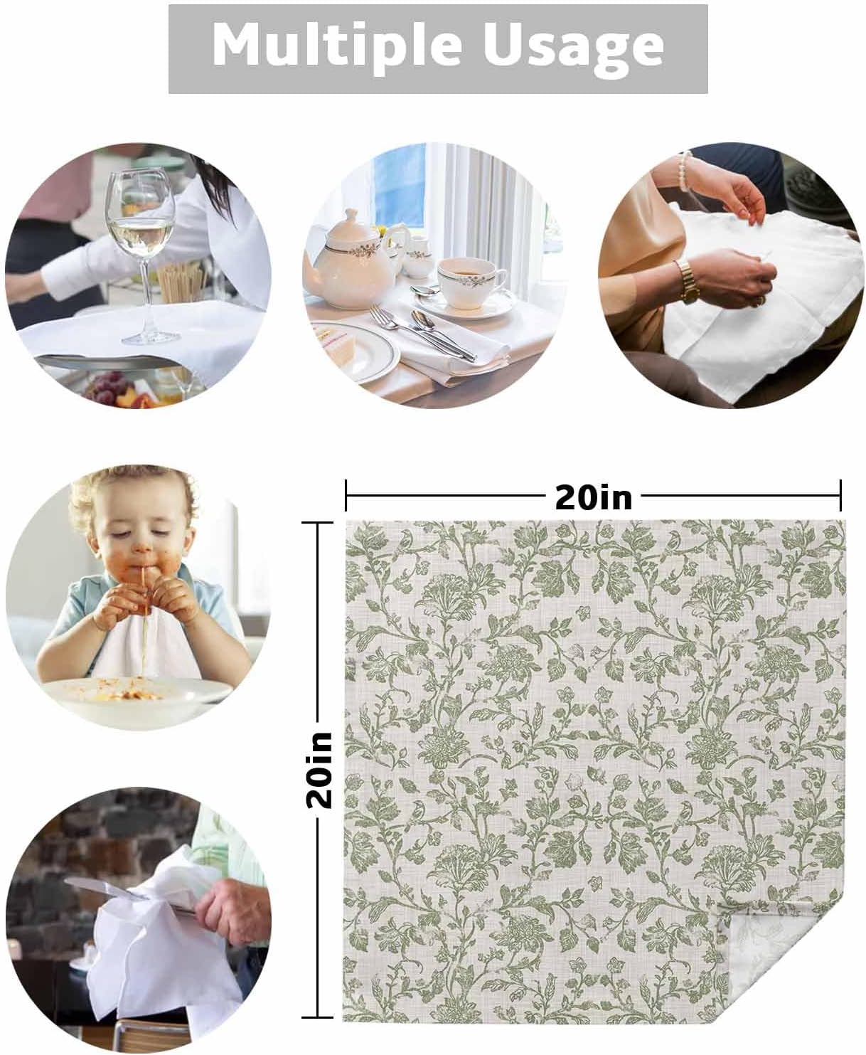 Farmhouse Sage Green Cloth Linen Dinner Napkins 6 Packs,Vintage Flower Leaf Botanical Reusable Table Cocktail Napkins for Wedding,Shower,Party,Lunch,Hotel,Restaurant,Event Dining Table Decoration