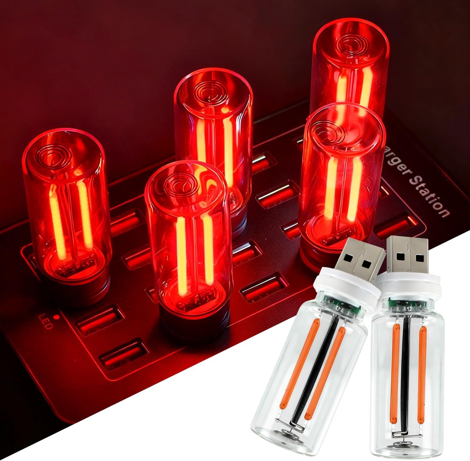2 PCS USB Car Lights, Touch Dimmable Retro Mini Glass Bottle LED Ambient Night Light for Vehicle Interior, Bedroom, Hallway, Camping, Holiday and Party Decoration (Red)