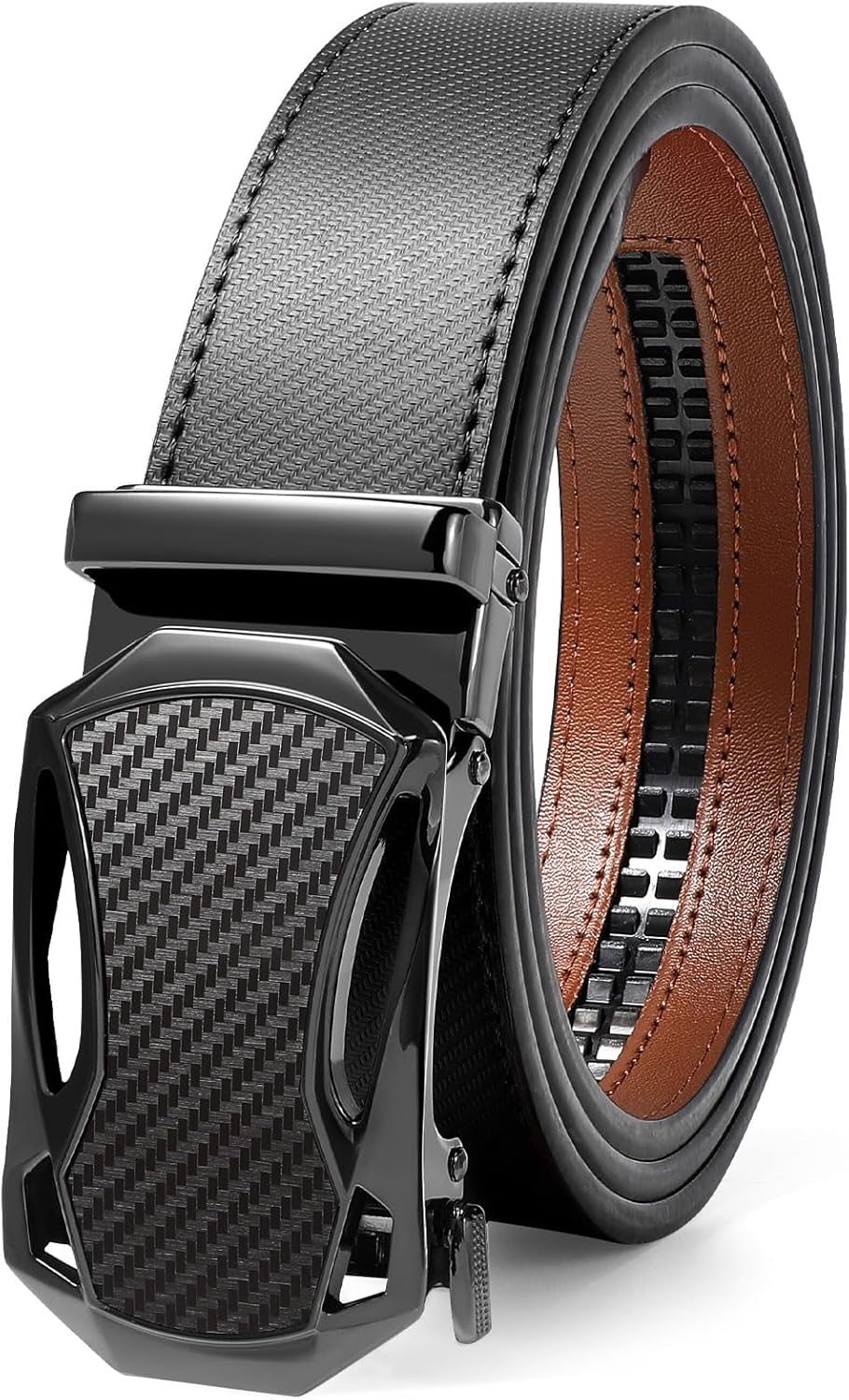 JASGOOD Mens Belt Ratchet Leather Belt for Men Dress Casual with Adjustable Buckle, Automatic Slide Belt Comfort Trim to Fit