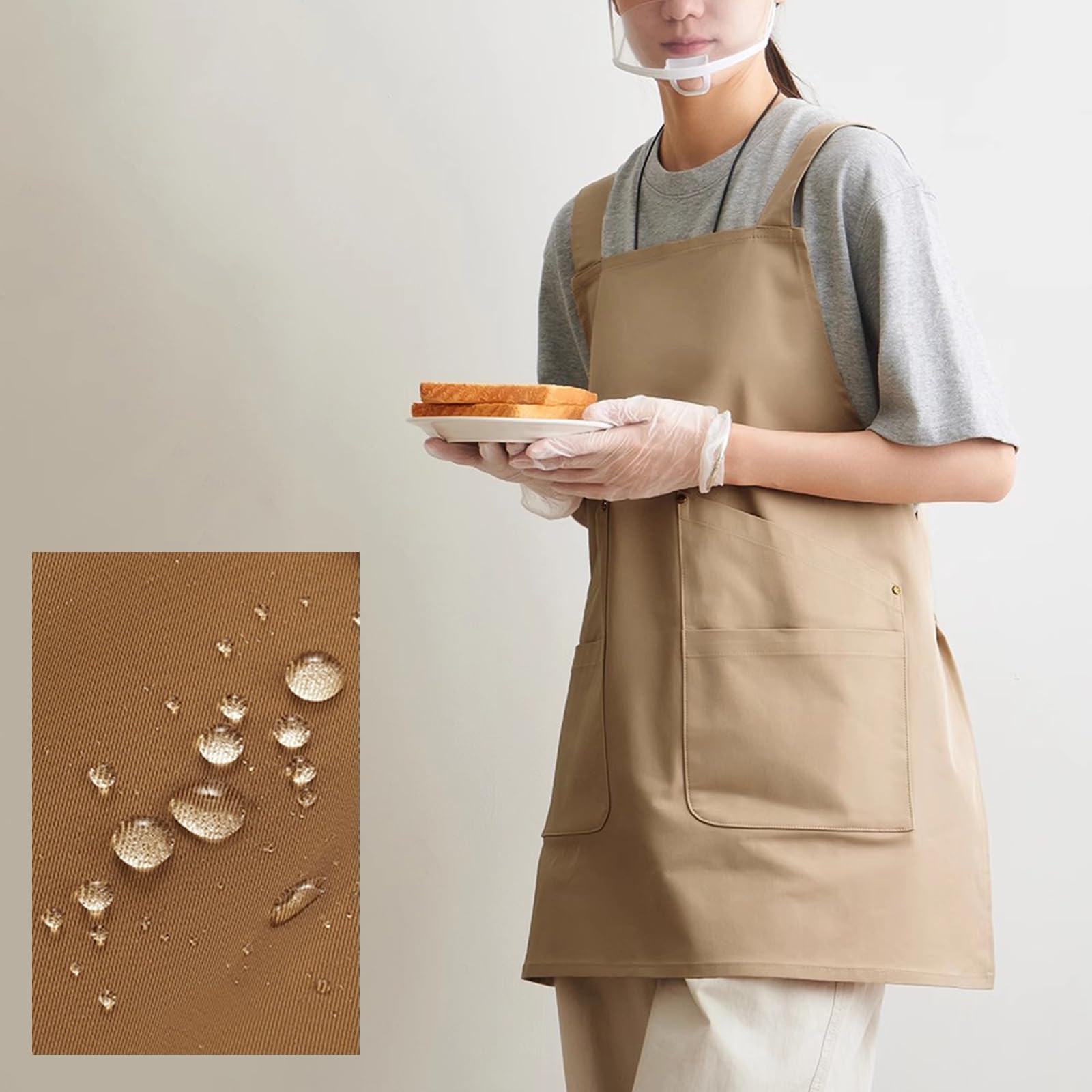 Ajustables Cocina Delantal con 4 Bolsillos para Hombres Y Mujeres, Trabajo Delantal para Camarero Restaurante CaféBeige,One Size