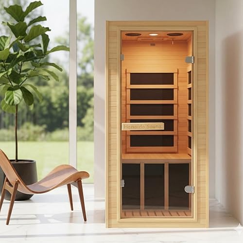 1-Person Home Sauna, 32.3IN x 27.2IN x 59IN Mini Canadian Hemlock Wood Far Infrared Sauna with 5 Low-EMF Carbon Heaters (60-140°F), 110V/1000W, Bluetooth Speaker, Quick 30-Min Setup, Fits Any Room