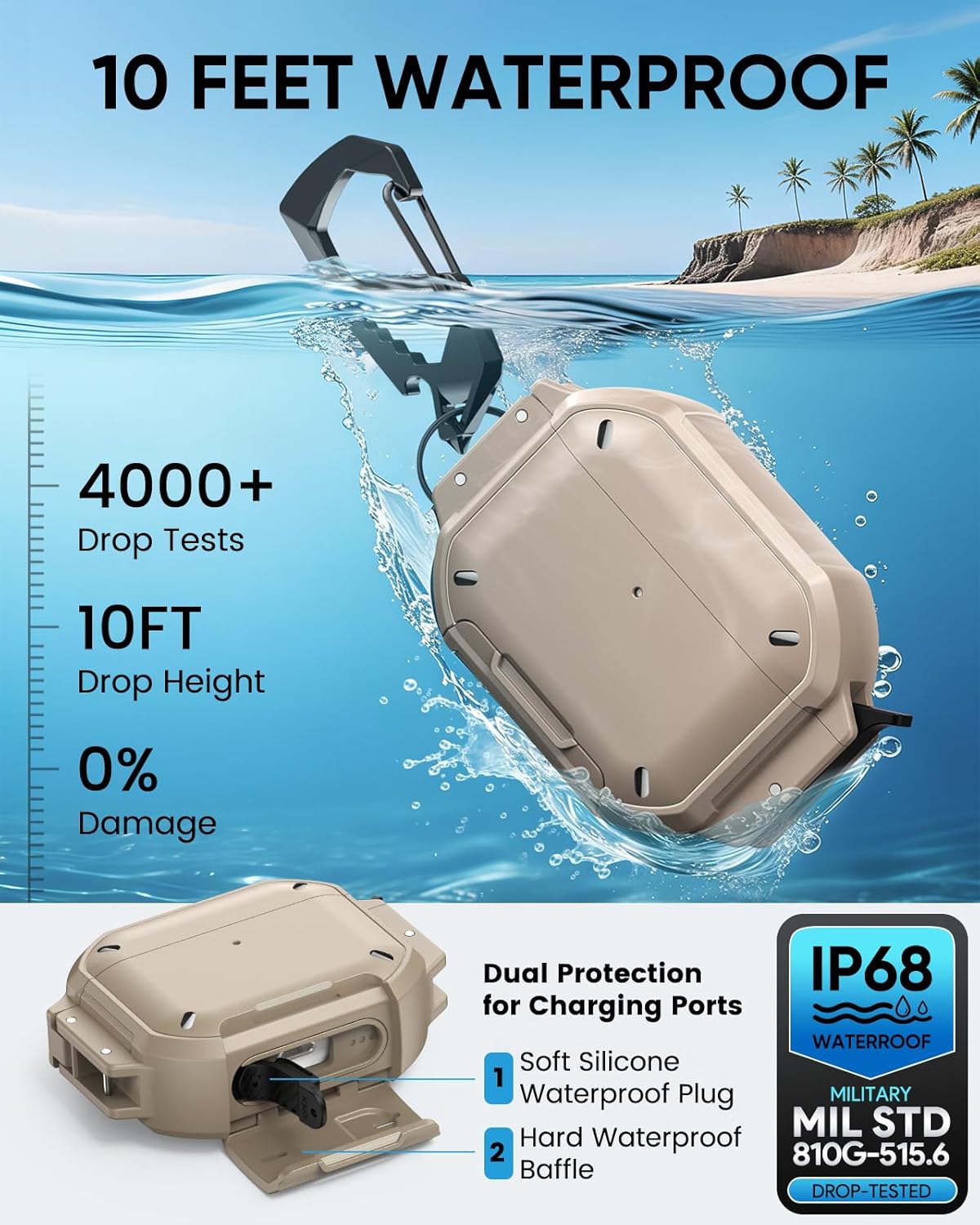 MoKo Case Compatible with AirPods Pro 3 Case with Secure Lock - IP68 Waterproof & Military-Grade Cover for iPods Pro 3, Protective Earpods Pro 3 Cover with Keychain, Phone Stand & Cleaner Kit, Khaki