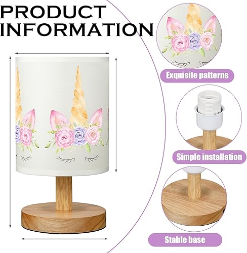 Miniatura 4 de VIHOSE Lámpara de mesa de unicornio para dormitorio, lámpara de noche de madera con mesita de noche de lino, pantalla de guardería de dibujos