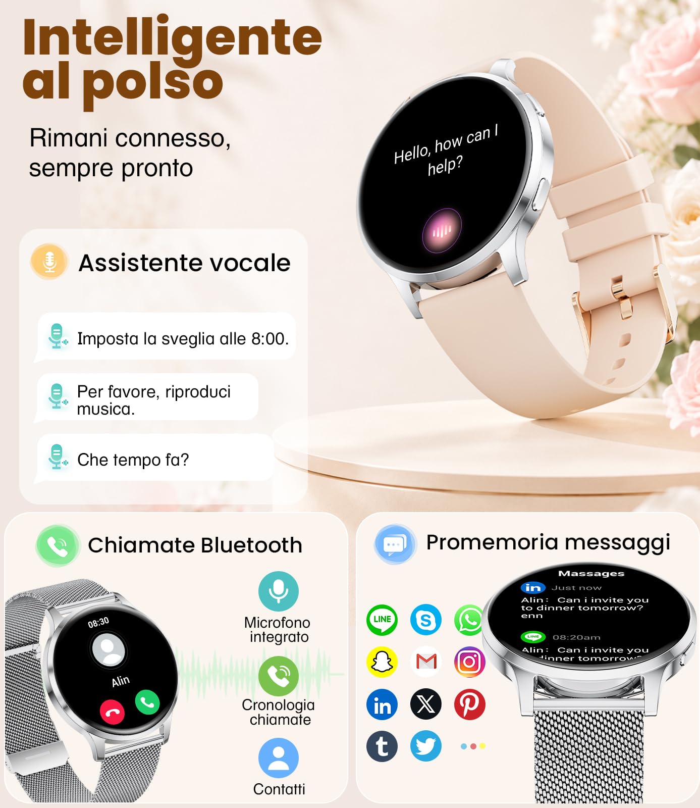 FITFLEX Smartwatch Donna, Display HD da 1,32 Pollici, IP68, Argento