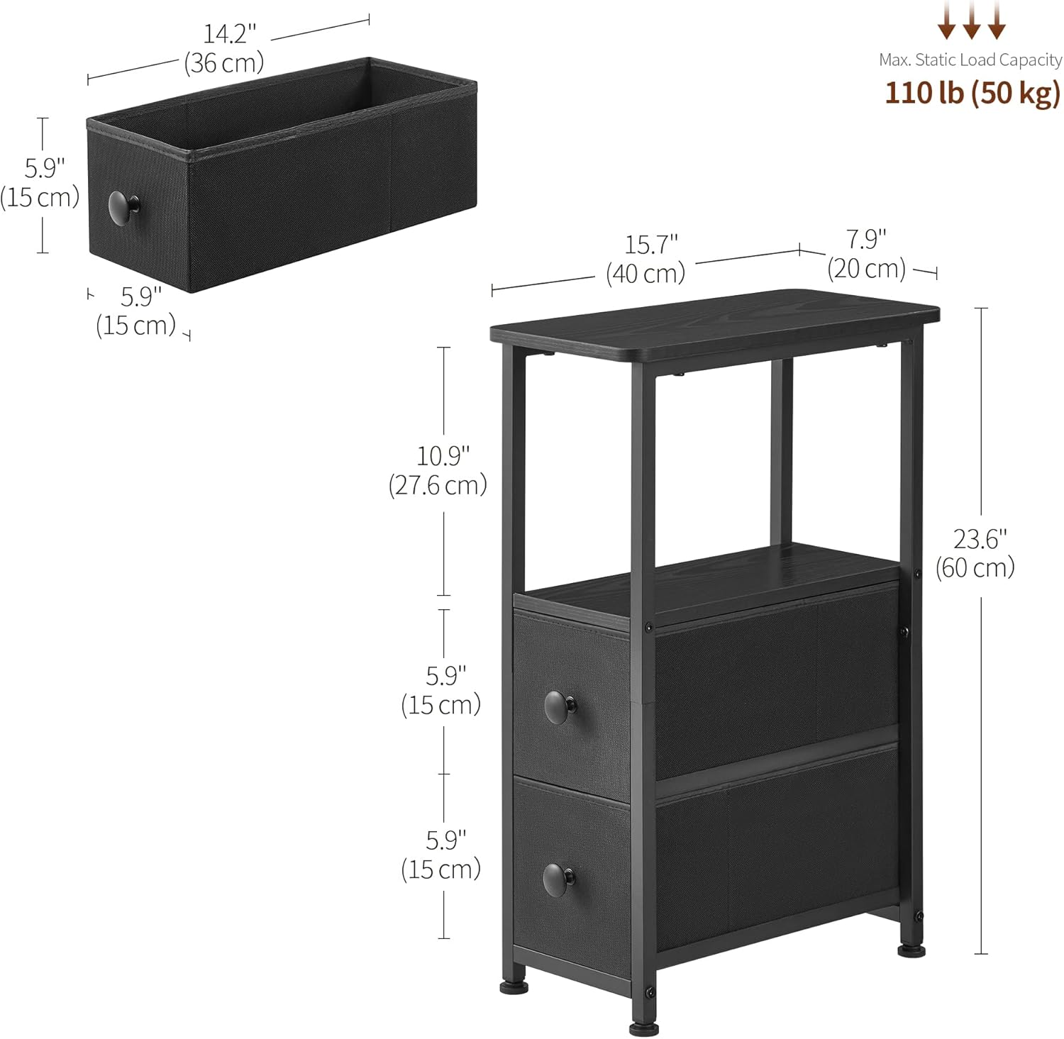 DALEMHOME End Table, Narrow Side Table with 2 Fabric Drawers, Slim Nightstand, Small Bedside Table with Storage, Living Room, Bedroom, Black HKET1200BK