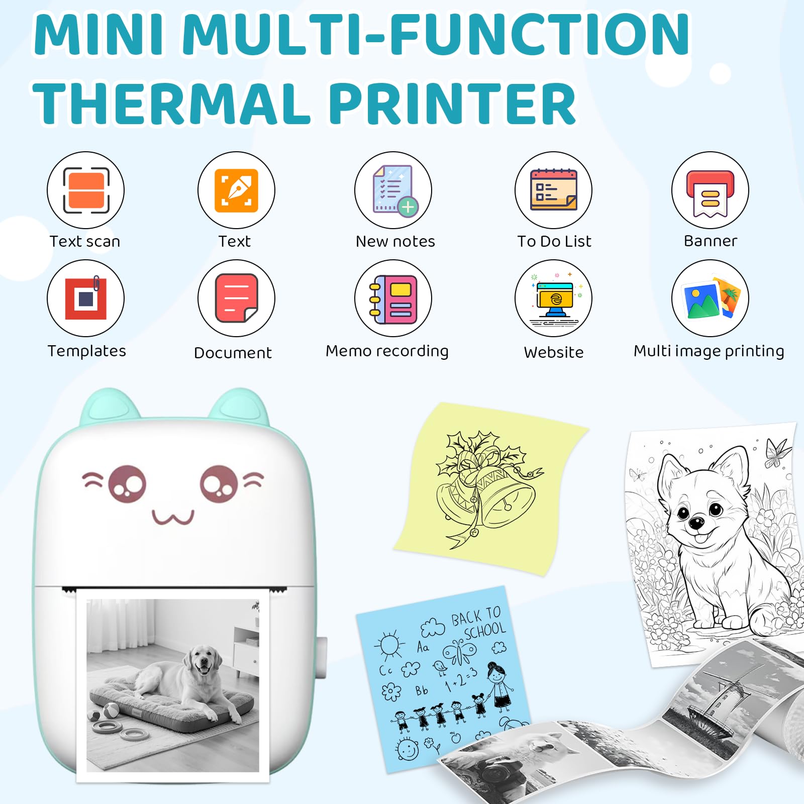Printpod, mini stampante termica portatile, con 13 rotoli di carta da stampa, senza inchiostro, wireless, per telefoni iOS e Android, per appunti di studio, diari, fai da te, regalo