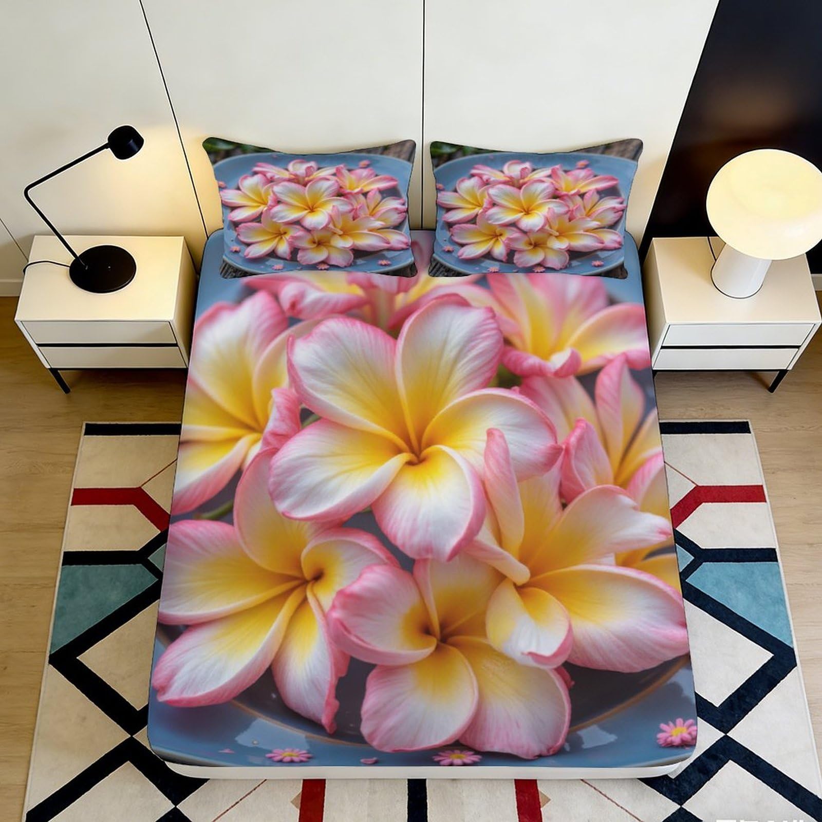 3D Printed Plumeria Blossom Fitted Sheet Microfiber Non-Slip Floral Mattress Cover Machine Washable Bedroom Decor 120x200x25cm