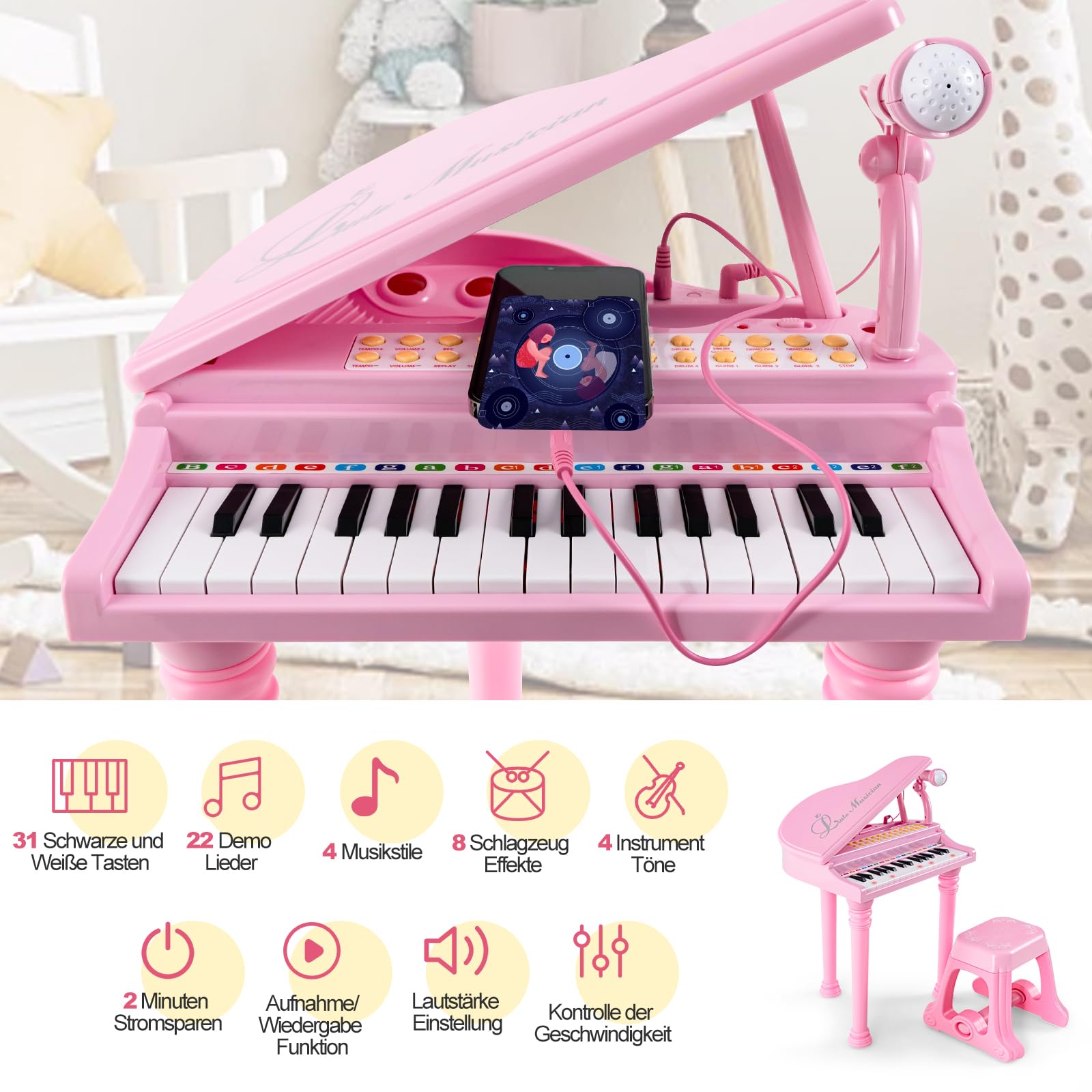 GOPLUS 31 Tasten Kinder Keyboard mit Hocker, Klaviertastatur mit Mikrofon, LED-Licht & MP3-Schnittstelle, E-Piano mit 3 Lehrmodi, 22 Demos, 4 Rhythmen, Aufnahme & Wiedergabe für Kinder (Rosa)