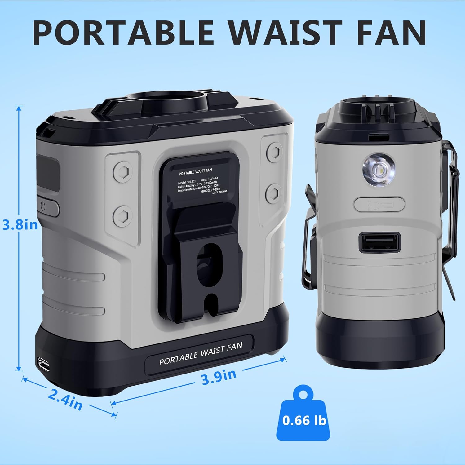 Portable Waist Fan 10000mAh, 5 Speeds 30H Runtime Waist Clip Fan Rechargeable, Hands-Free Neck Fan with Flashlight, Wearable Cooling for Travel, Outdoor, Camping, Jobsite
