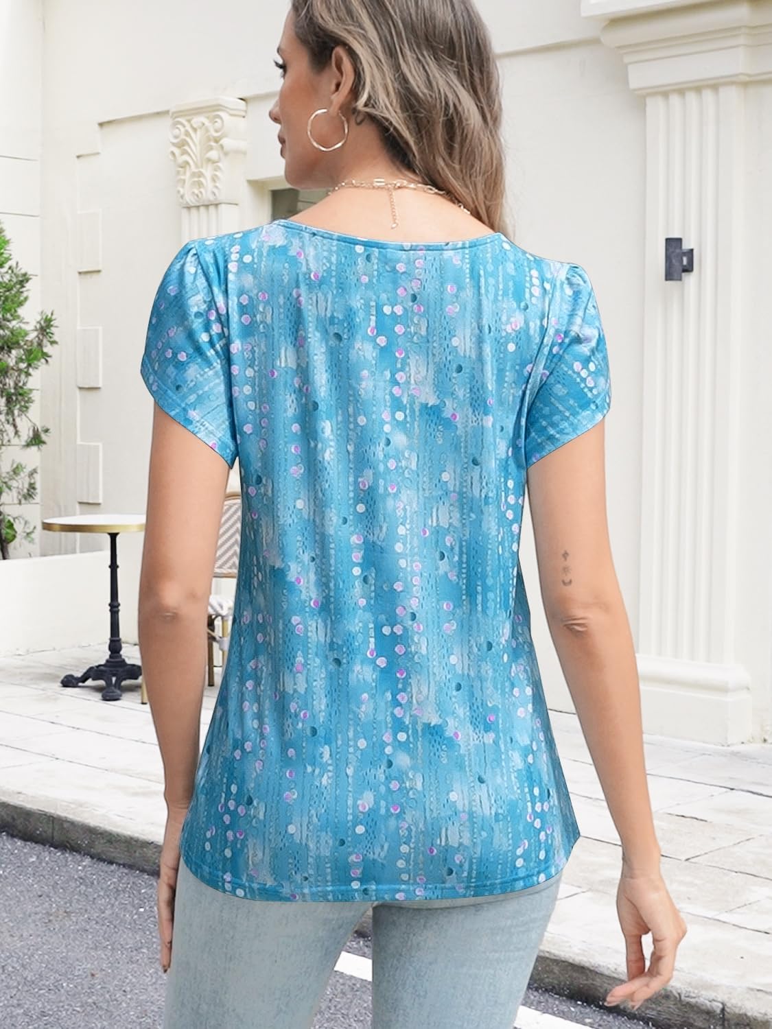 Womens Summer Tops Seashell Edge V Neck Shirts Petal Short Sleeve Top Dressy Casual Tunic Blouses - Image 6