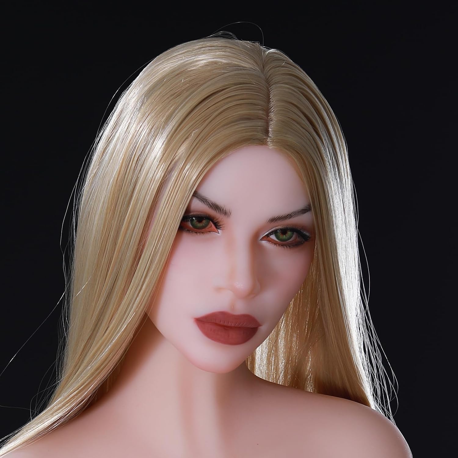 Makeup Life-Size Doll Head with Wig, Life-Size Soft Doll Part Doll Connection Accessories with Green Eyeball, Snap or M16 Studs Fixed (White Color)