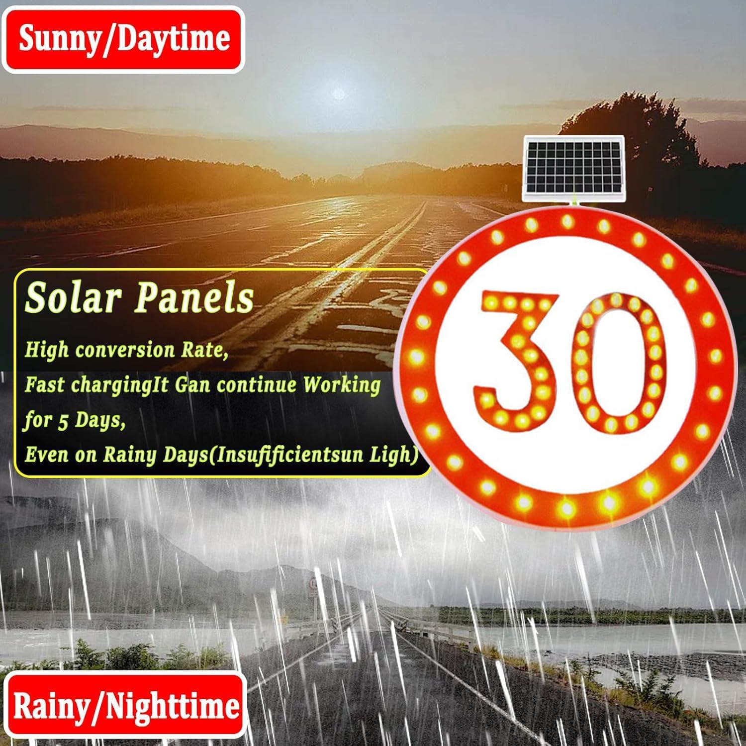 24" LED Flashing Solar Powered Speed Limit 20/30/40/50/60/80 Sign Sign in Traffic Road Highway (30)