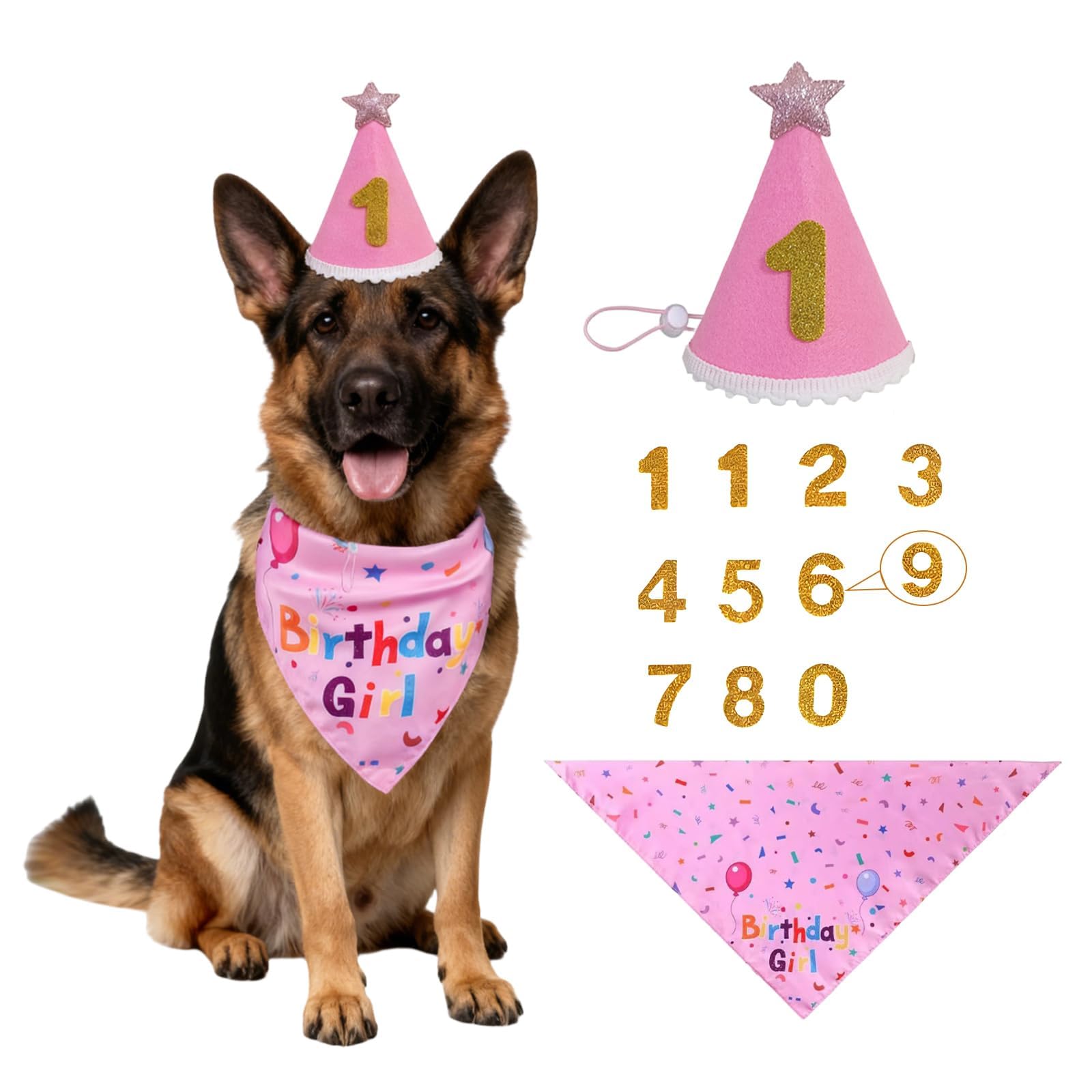 Dog Birthday Bandana Set, Adjustable Dog Birthday Hat, Dogs First Birthday, Pink Bandana Durable Happy Birthday Dogs Suitable for Pet Birthday Party Accessories (Large Size)