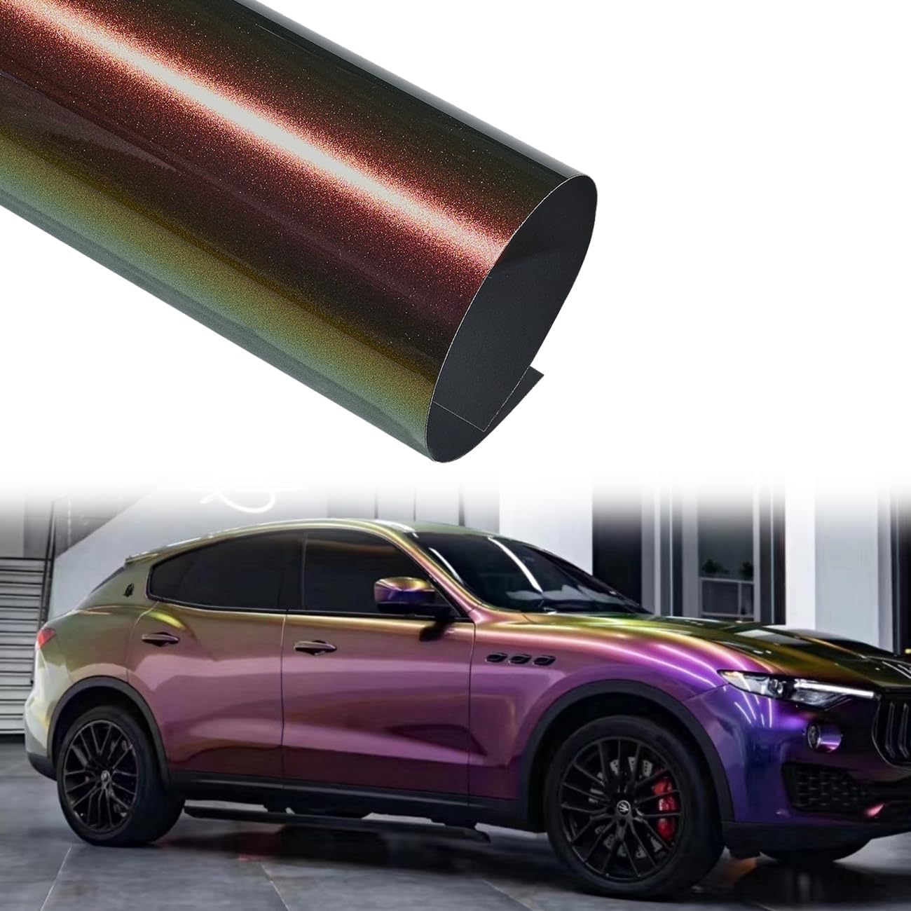 Gloss Chameleon Purple to Green Vinyl Wrap, Metallic Glitter Sparking Color Change Vehicle Film Self Adhesive DIY Decal Auto Cars Motorcycle Protection 60'' x 39'' (5ft x 3.3ft)