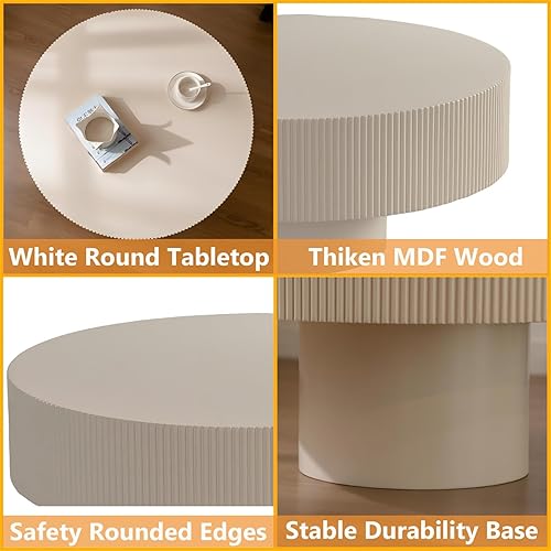 Miniatura 5 de Mesa de Café Redonda Moderna de Madera - Mesas de Café Acanaladas Artesanales con Base Robusta, Fácil Montaje, Mesa de Café Circular de Estilo