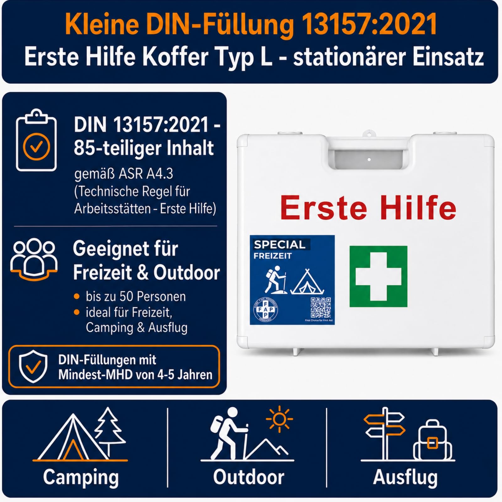 FAP Erste-Hilfe-Koffer Freizeit DIN 13157 gefüllt - Weiß | Burngel & Beatmungstuch | Camping Jugendherberge Pfadfinder Ferienlager Verein Outdoor Camp, Betriebsverbandkasten Wandhalterung -33×42×15 cm