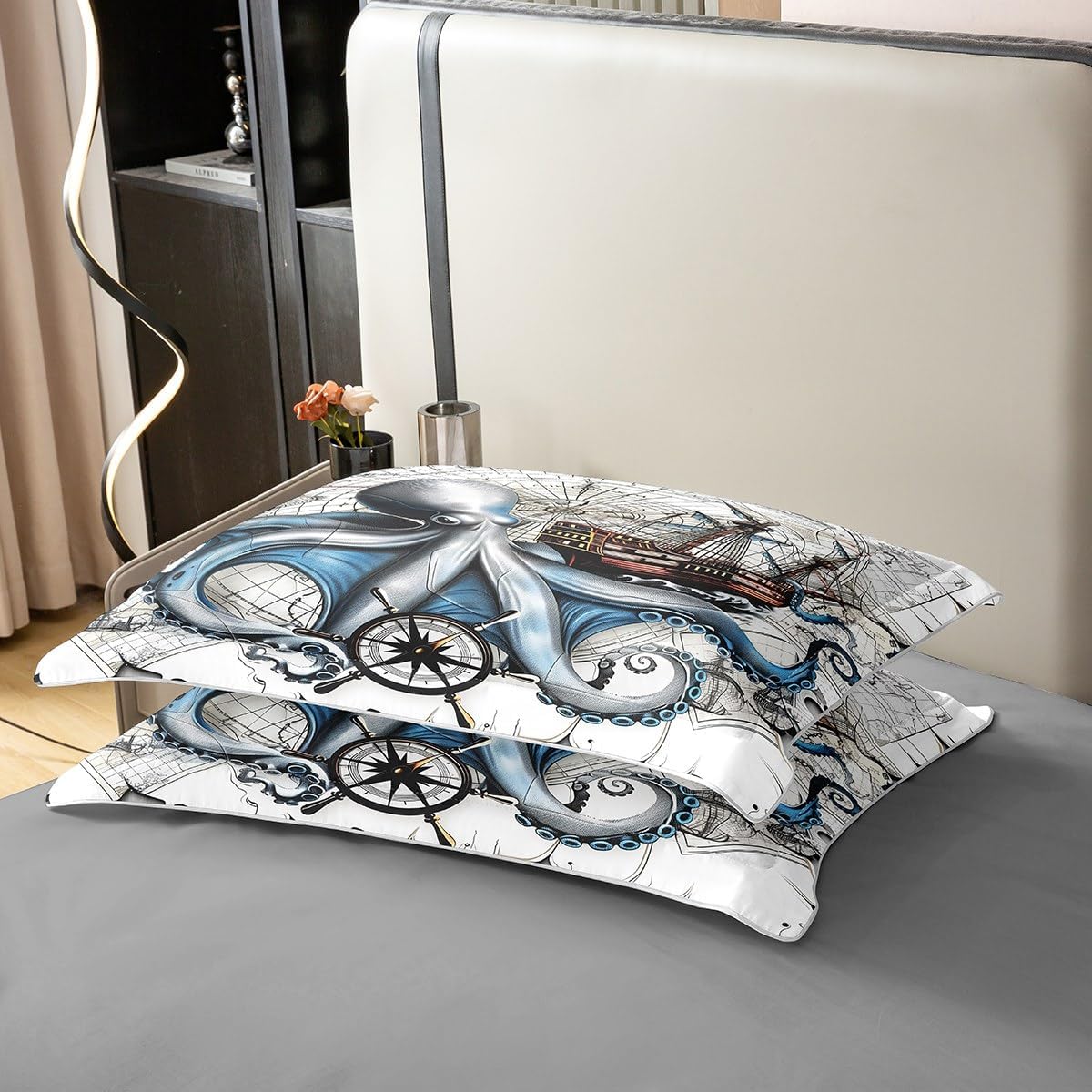 Manfei Ocean Octopus Duvet Cover 100% Nature Cotton Twin Size,Nautical Adventure Vintage Compass Sailboat Comforter Cover (NO Comforter),Rustic Farmhouse Coastal Cabin Decor Super Soft Bedding