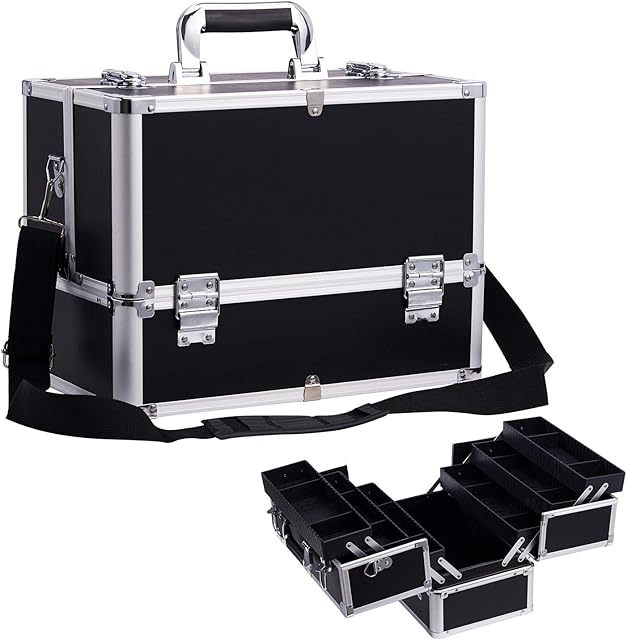 Vanity Case Professional Extra Large Makeup case with 6 Trays Make up Organiser Storage Case Makeup Box Makeup Case Beauty Box Nail Cosmetic Case with Lockable Key Travel,Black
