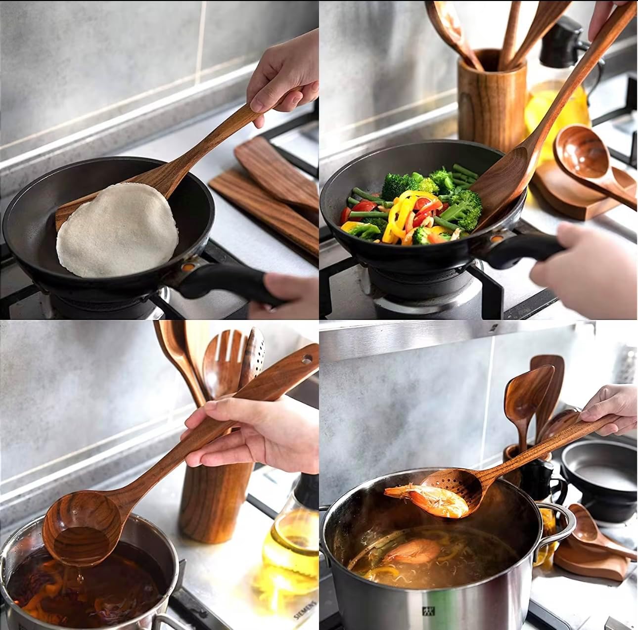 R&C Wooden Kitchen Utensil Set, 9-Piece Teak Cooking Tools with Holder & Hooks — Nonstick Safe, Heat Resistant, Durable Wood Spoons & Spatulas
