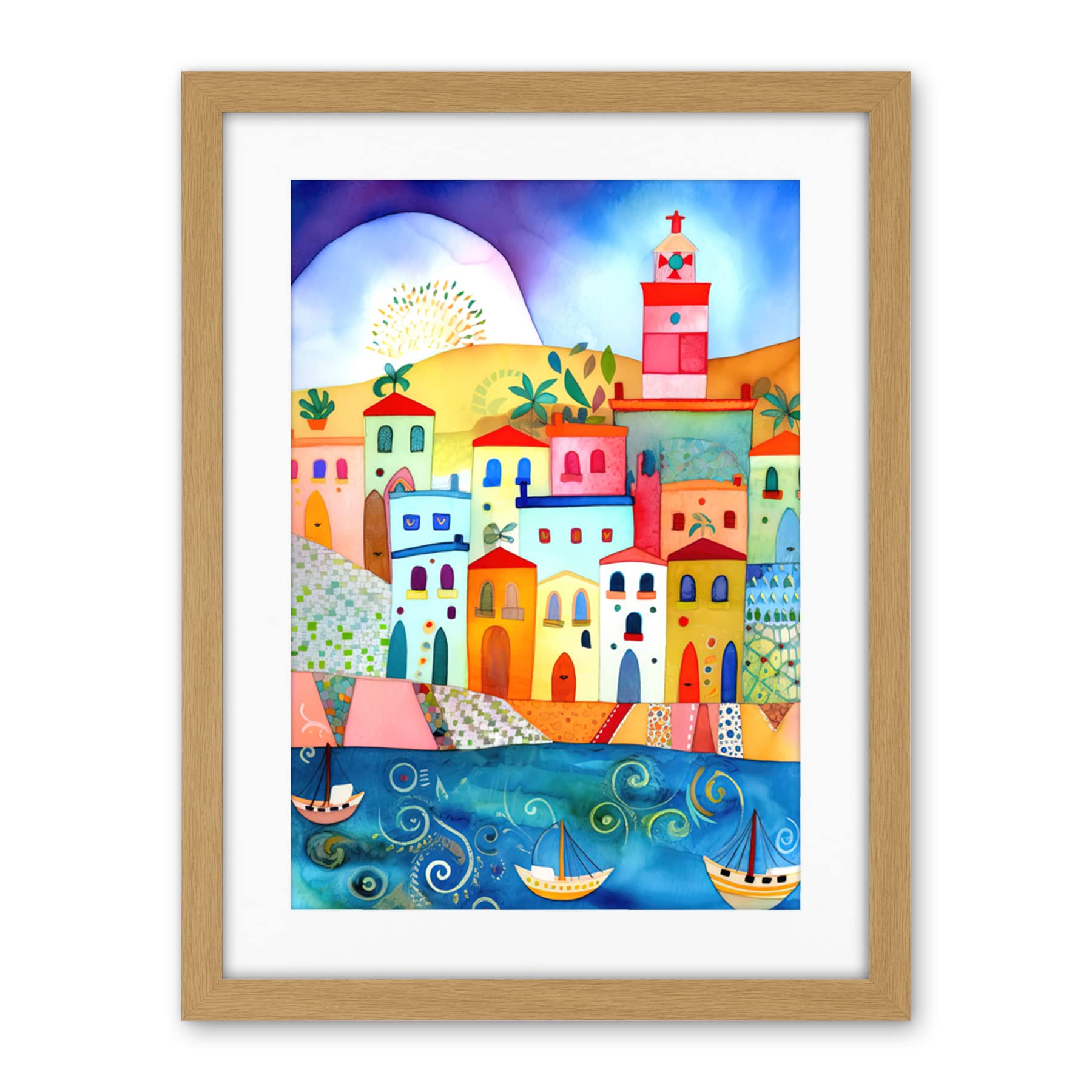 Artery8 Tunisia Seaside Town Folk Art Artwork Framed Wall Art Print 18X24 Inch