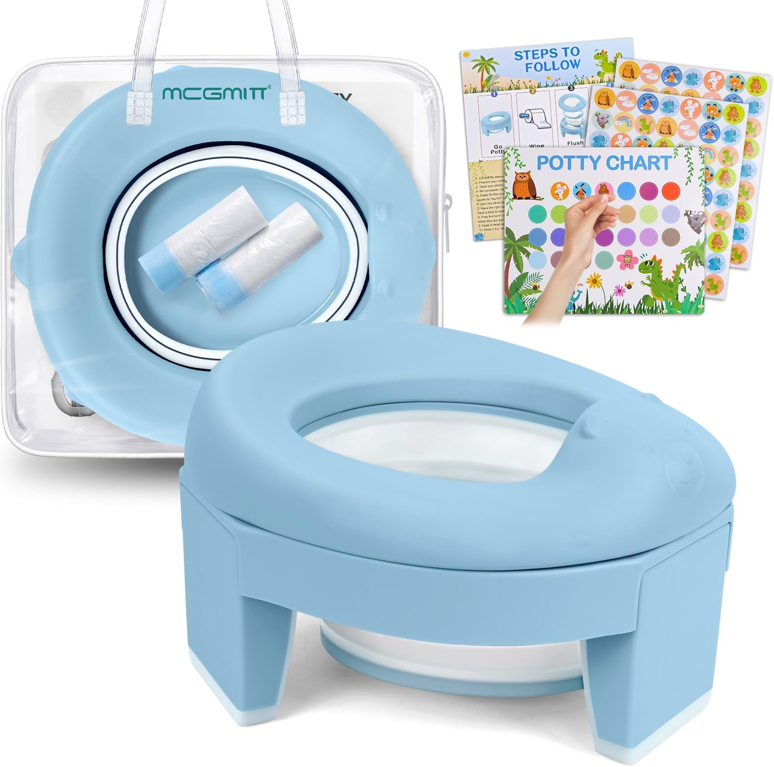 MCGMITT Potty Training Toilet Seat for Toddlers Boys Girls, Portable Baby Toilet Folding Kids Potty Chair Cover with Splash Guard for Travel, Including 3 Non-Slip Feet and Storage Bag (Blue)