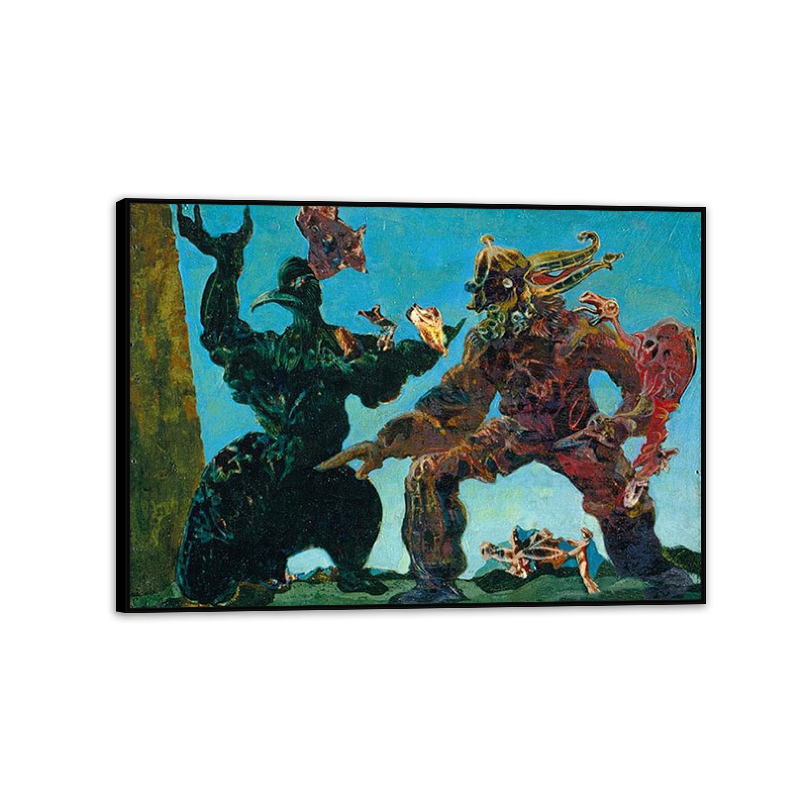 MYCGGDGH Max Ernst Canvas Wall Art Reproductions of Famous Paintings The Barbarians Surrealist Art Prints Max Ernst Abstract Pictures Wall Decor for Living room bathroom 55x40cm(22x16in) Black Framed