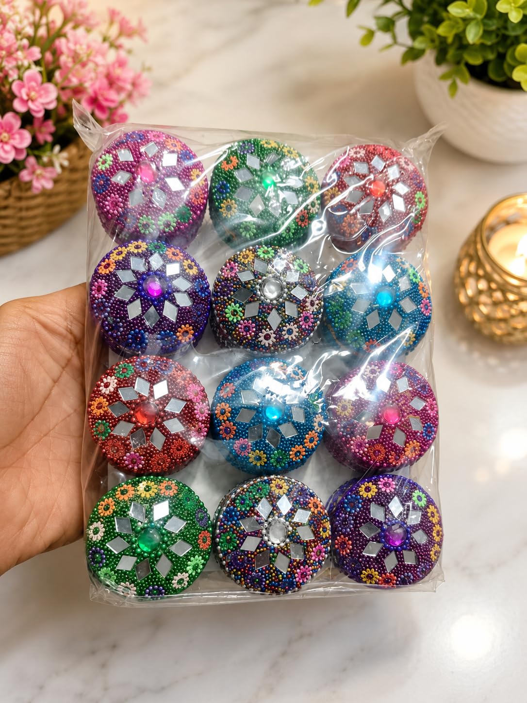 Decorative Beaded boxes with Mirror Work, Set of 12 | Multicolour Floral Design, Festive Decor, Mirror Embellishments, Assorted Colours, Diwali Diyas-image-10