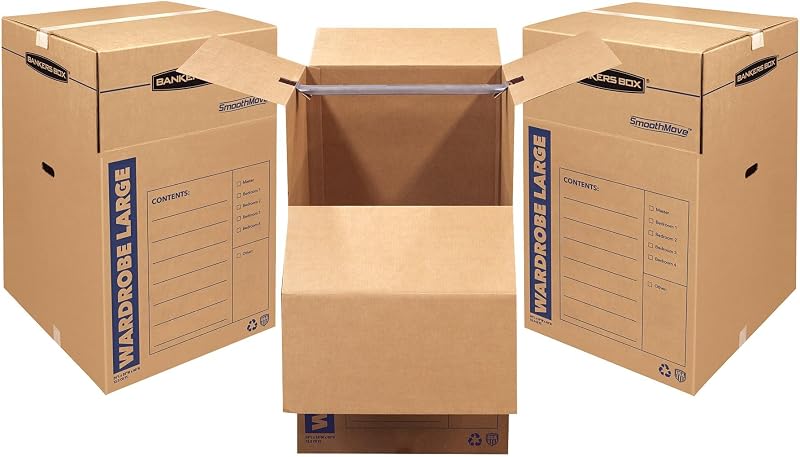 Bankers Box, paquete de 3 cajas altas para mudanzas para guardarropas, 24" x 24" x 40" | Mueva la ropa colgada del armario al camión con cajas para guardarropas que reducen el plegado, las arrugas y el reempaque.