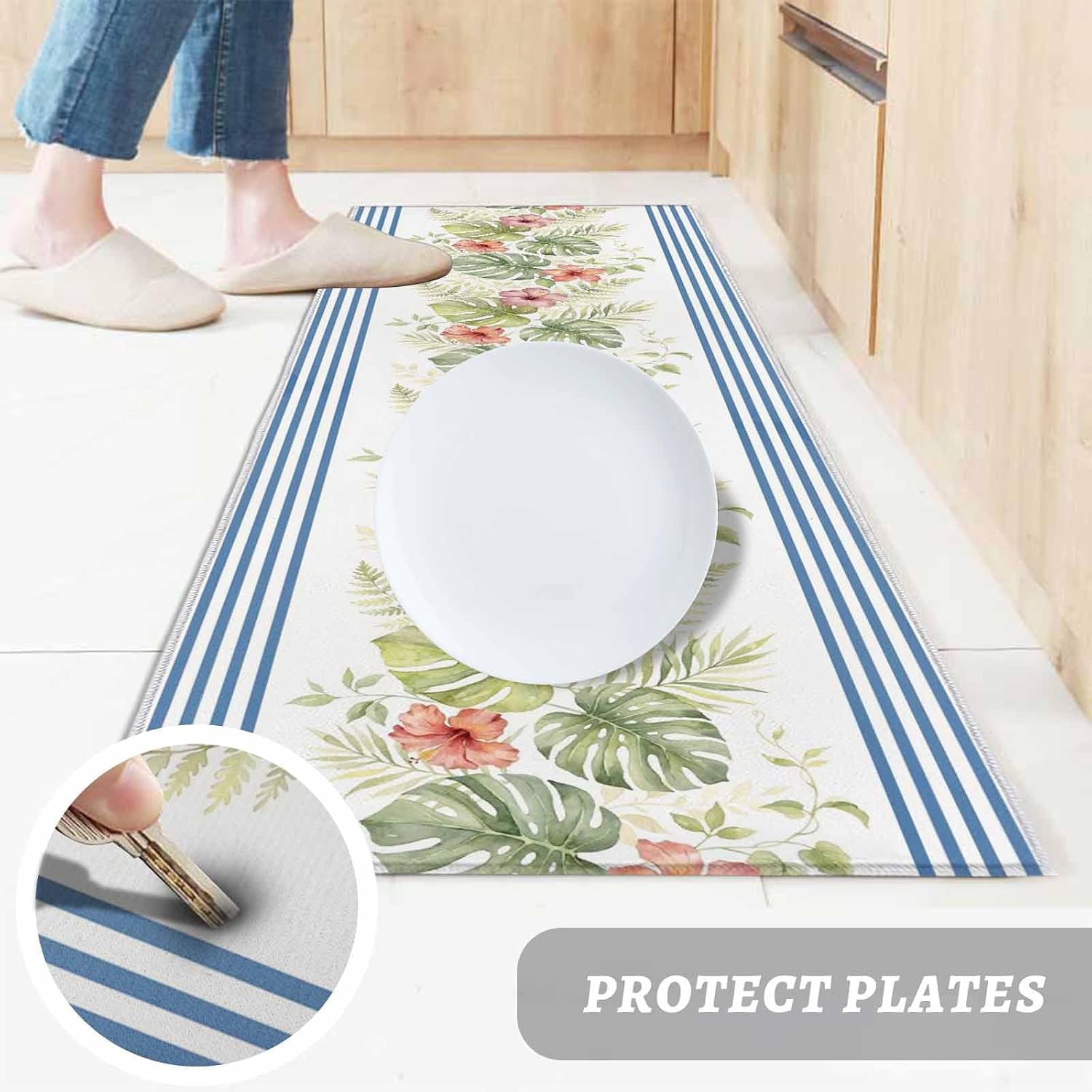Kitchen Mats for Floor Watercolor Monstera Leaves Flower Washable Non Slip Kitchen Rugs 1PCS, Summer Plant Blue Stripes Absorbent Standing Mats for Sink Bathroom Office Living Room 15.7x47.2in