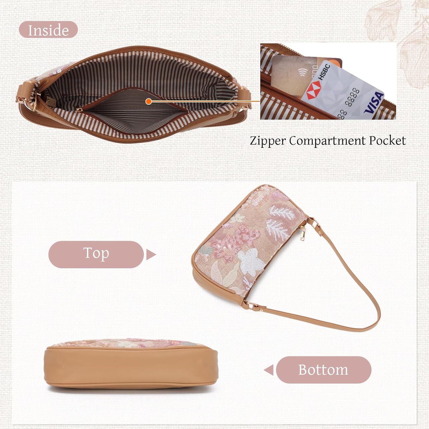 Oweisong Women Floral Beaded Purses Summer Hobo Embroidered Shoulder Bag Leather Sequin Top Handle Underarm Handbag - Image 5