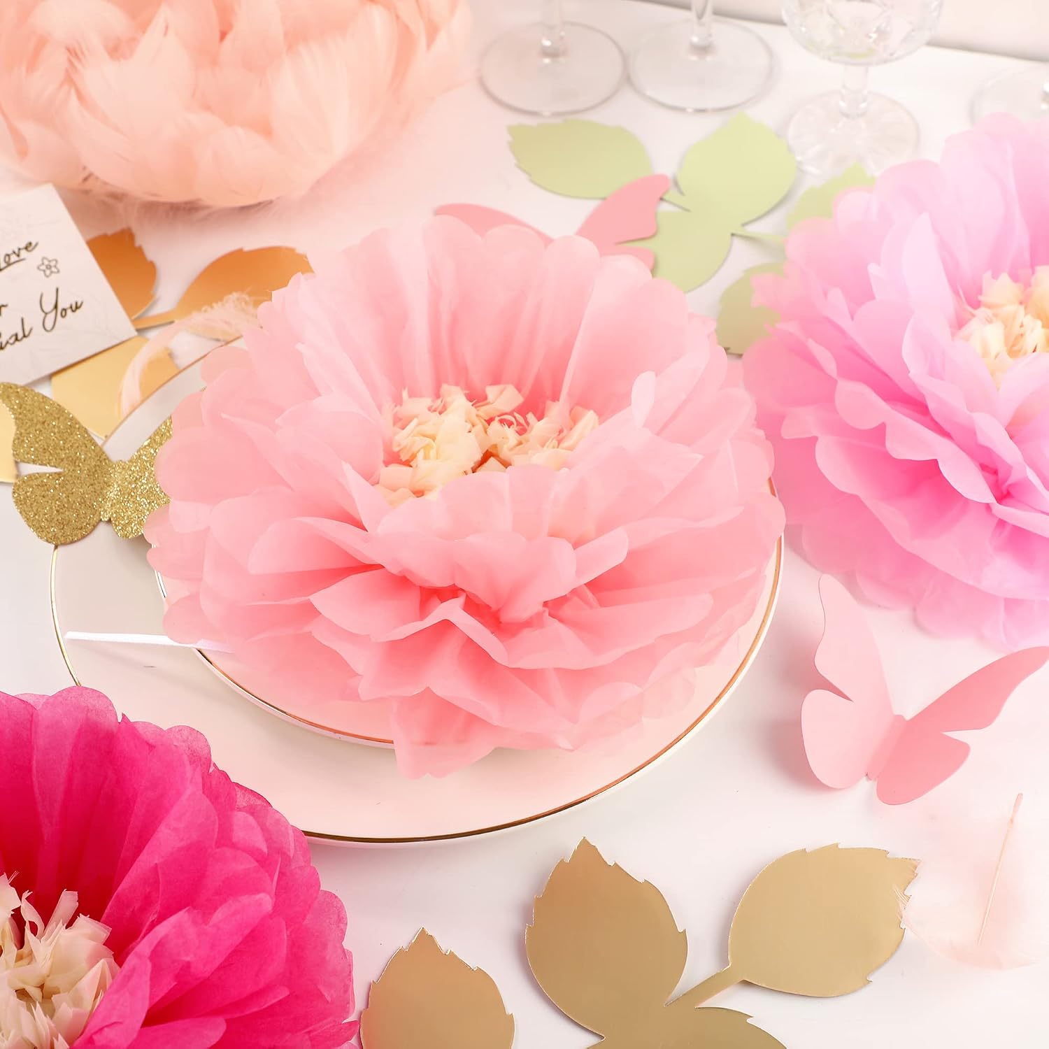 Fonder Mols Tissue Paper Chrysanth Flowers with Butterfly and Olive Leaves for Wedding Baby Shower Nursery Room Parties & Events Decorations Pom Poms (Pink)