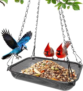 VIHSIPR Hanging Bird Feeder for Outdoors – 12 x 8 in Rectangular Platform Bird Feeder, Metal Mesh Seed Tray for Wild Birds, B
