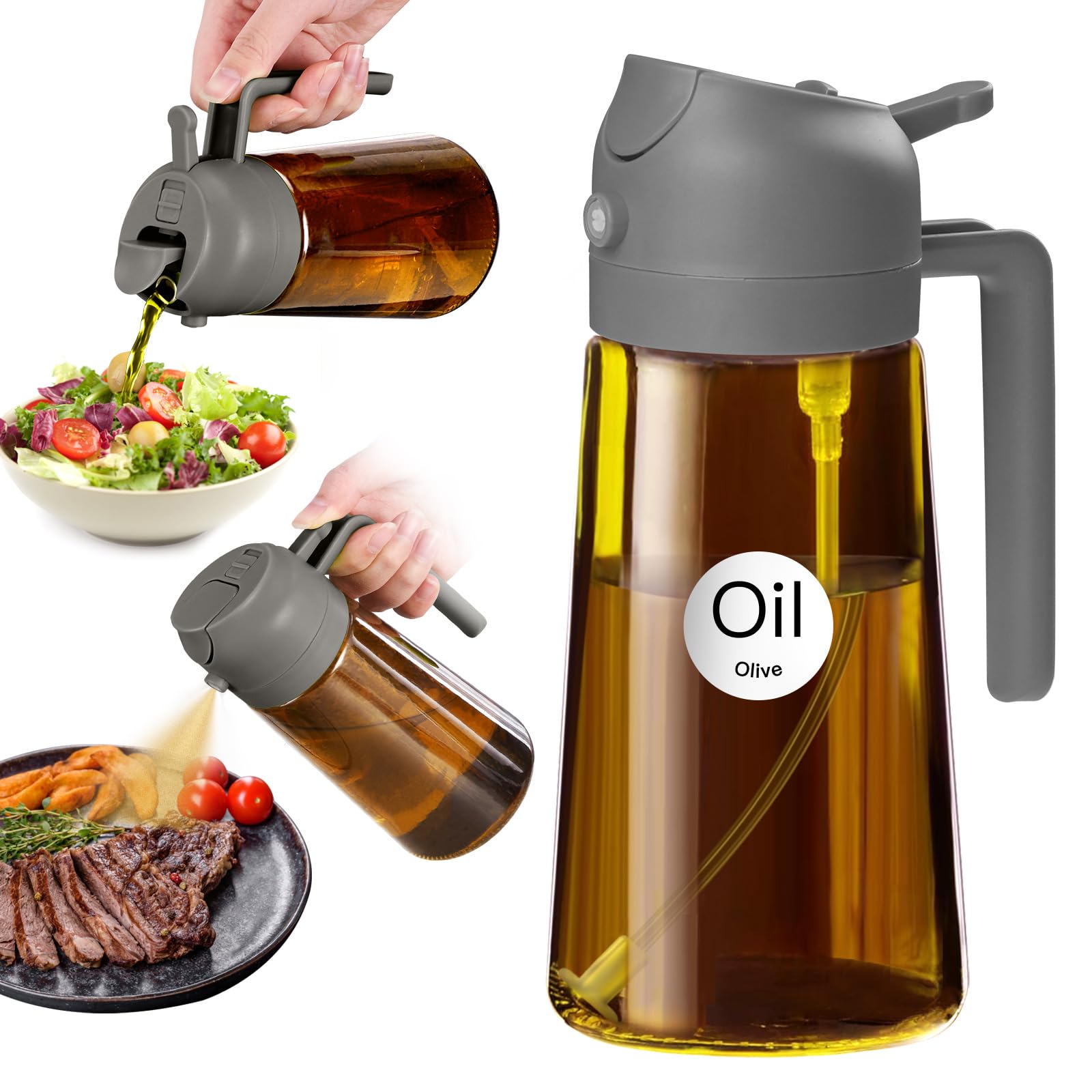 YARRAMATE 470 ml Oil Sprayer for Cooking, 2-in-1 UV Protection Oil Atomiser for Kitchen, Amber Glass Oil Bottle, Food Safe Spray Bottle for BBQ (Grey)