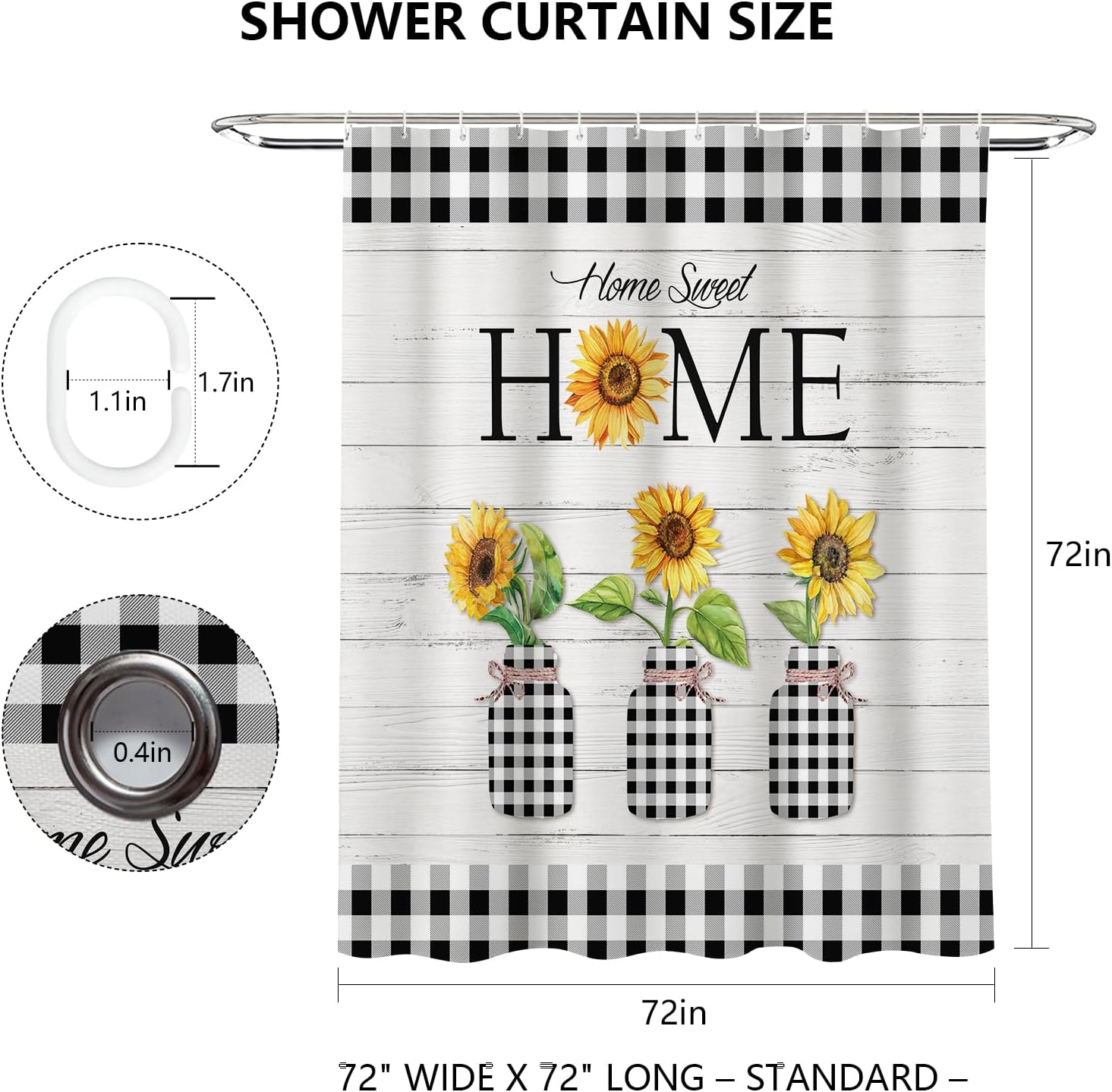 MEHOFOND Home Sweet Home Shower Curtain Farmhouse Shower Curtain for the Bathroom Sunflower Decors Country Shower Curtain Sets Black and White Buffalo Plaid Washable Durable Fabric 72x72 in
