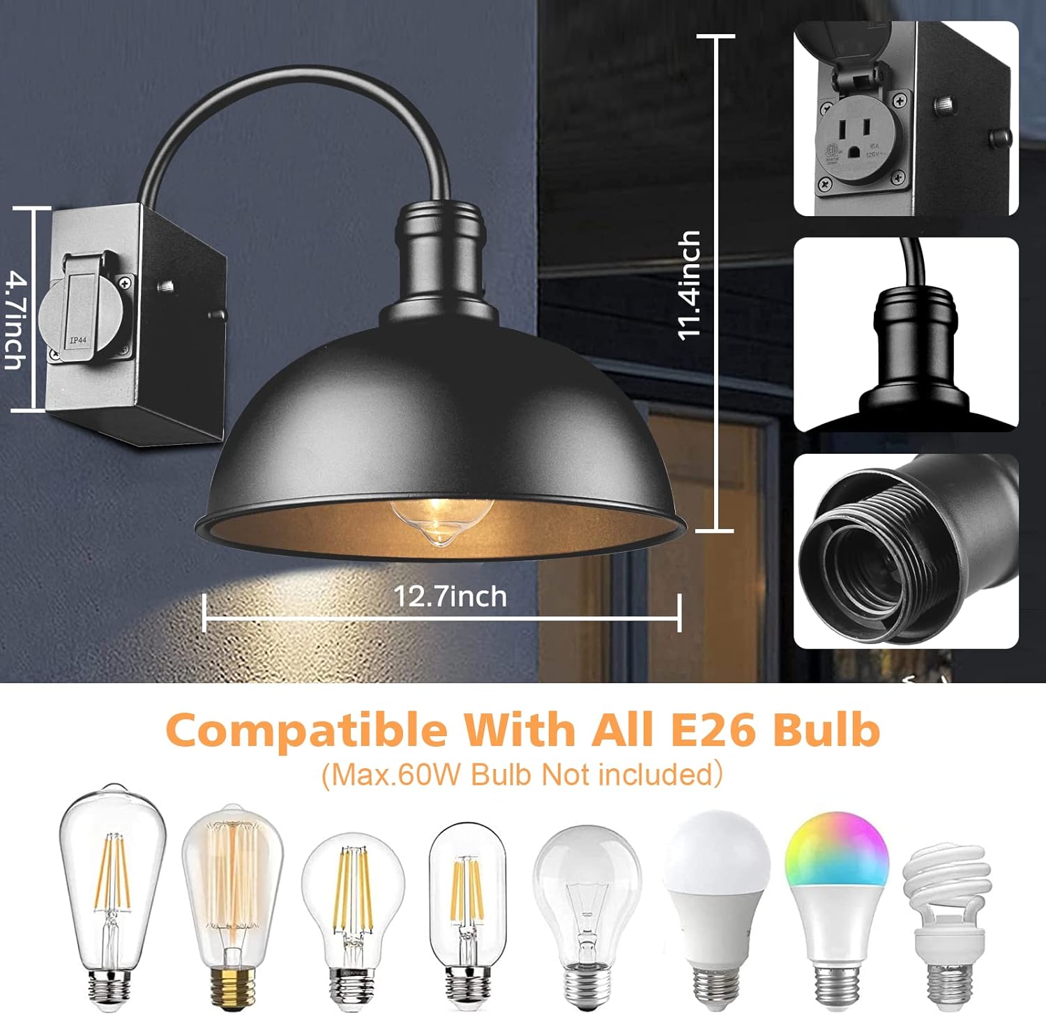 2-Pack Outdoor Wall Sconces, Exterior Farmhouse Gooseneck Barn Light, Vintage Matte Black Outside Wall Lighting Fixture, Anti-Rust Waterproof Outdoor Light for House Porch Garage Entryway