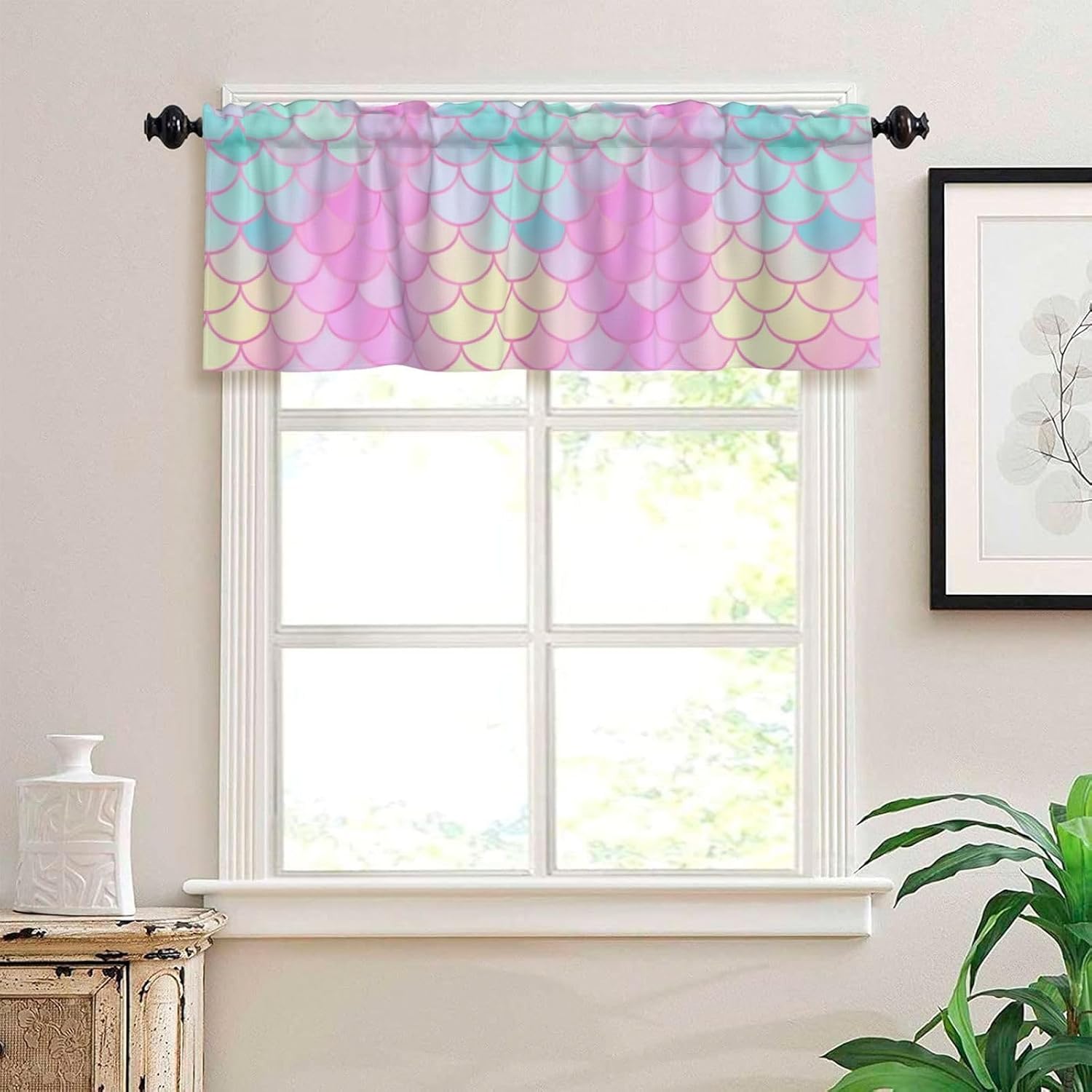 Valance for Windows Multicolor Mermaid Scale Kitchen Curtains Valances Rod Pocket Dreamy Blush Scales Window Treatment Short Topper Curtains 1 Panel, 54x18inch