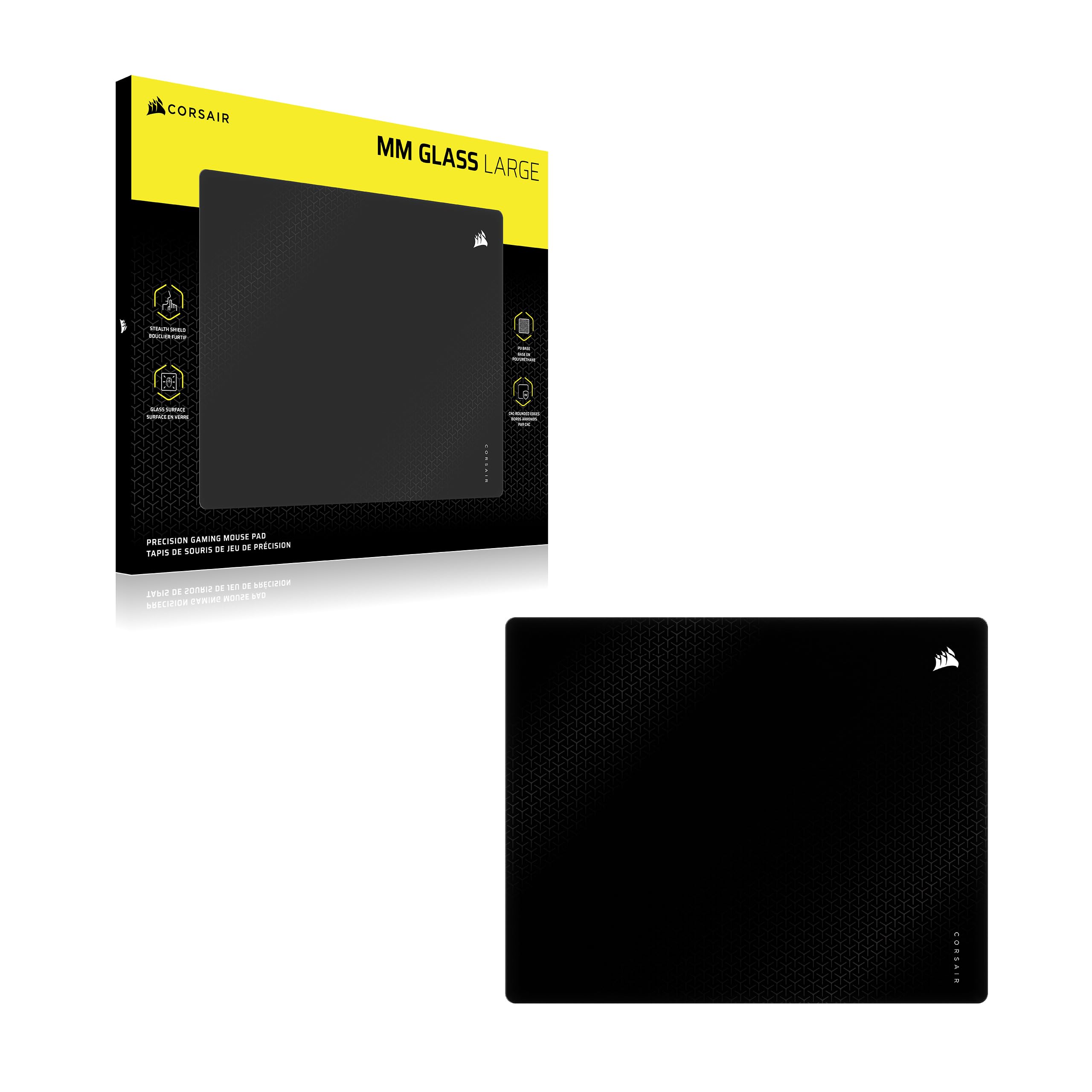 Corsair Tappetino Gaming MM Glass Precision – Large (500 x 400 mm) – Nero | Superficie in Vetro Opaco, Rivestimento Fonoassorbente, Base Antiscivolo in Poliuretano