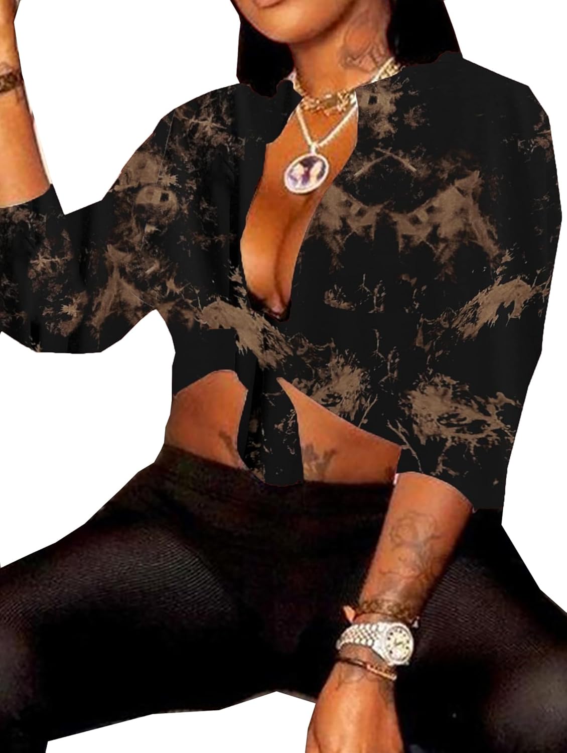 Sexy Tie-Front Tops for Women Clubwear Long-Sleeve Deep V-Neck Crop Top Basic Low Cut Shirts Trendy - Image 2