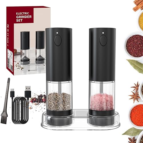Gravity - Juego de molinillo eléctrico de pimienta y sal, grosor ajustable, con luz LED, operación automática con una mano, acero inoxidable negro,
